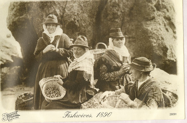 Copy of a photograph of a group of Llangwm Fisherwomen in traditional costume in 1890